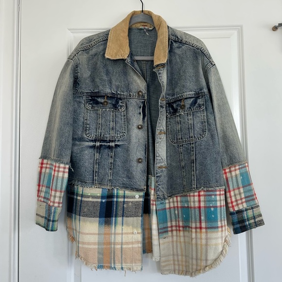 Free People Sirius Cotton Plaid-Contrast Denim Jacket - Picture 3 of 8